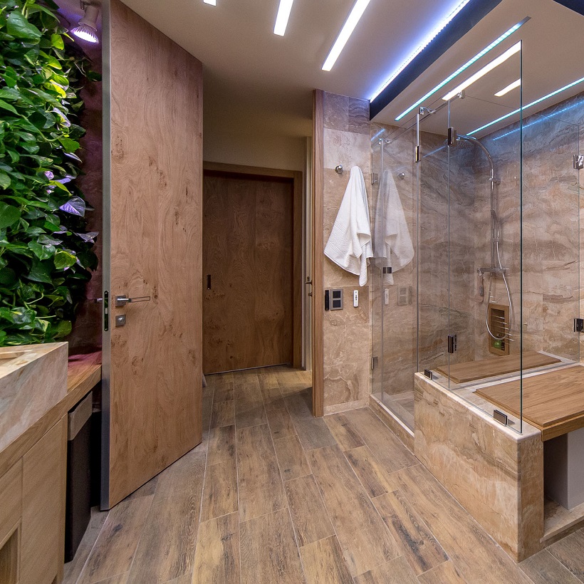 Оформление ванной комнаты в бежевом цвете